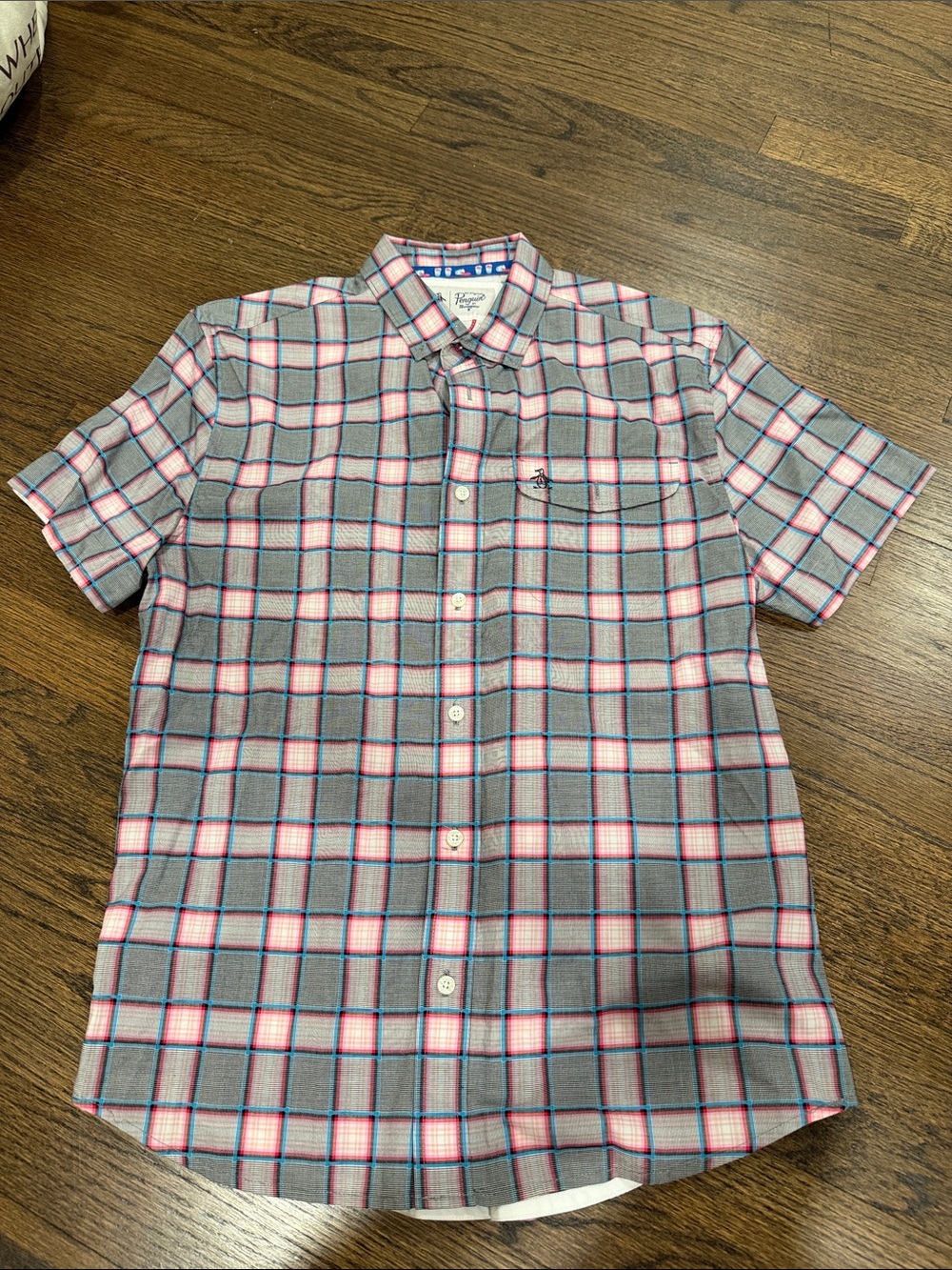 Penguin Men’s Short-Sleeve Pink and Gray Plaid Button-Up Shirt